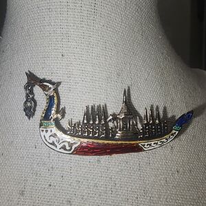 Vintage Siam Sterling Niello Ware Suphannahong Royal Barge Enamel Brooch